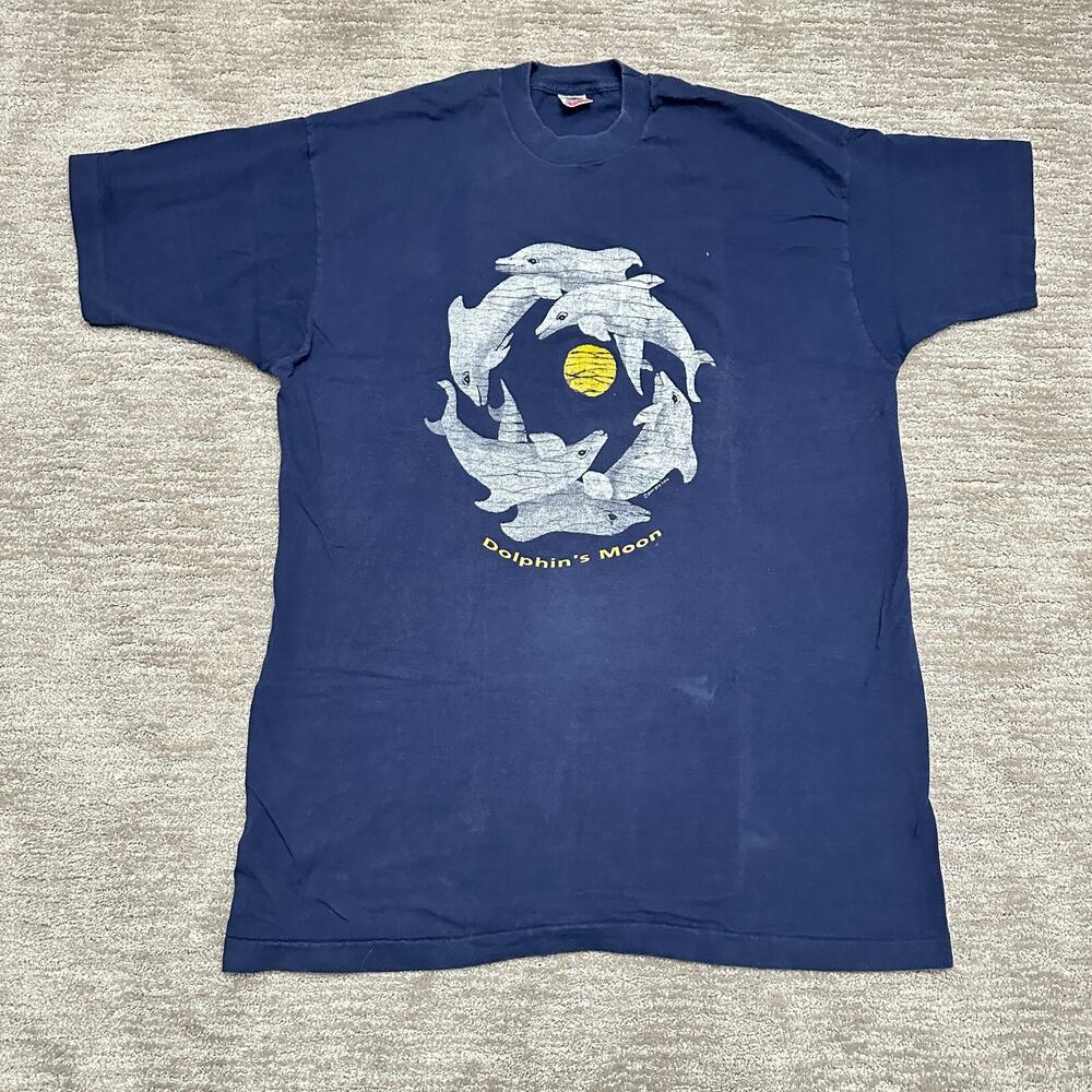 VTG Shirt Mens XXL Blue Dolphin's Moon Single Stitch USA Fruit of the Loom 90s